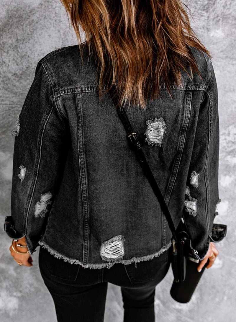 EVALESS Ladies Ripped Distressed Boyfriend Trucker Jacket Coat 2025 Trendy Fall Winter Washed Solid Color Long Sleeve Denim Jacket Black Medium - Image 2