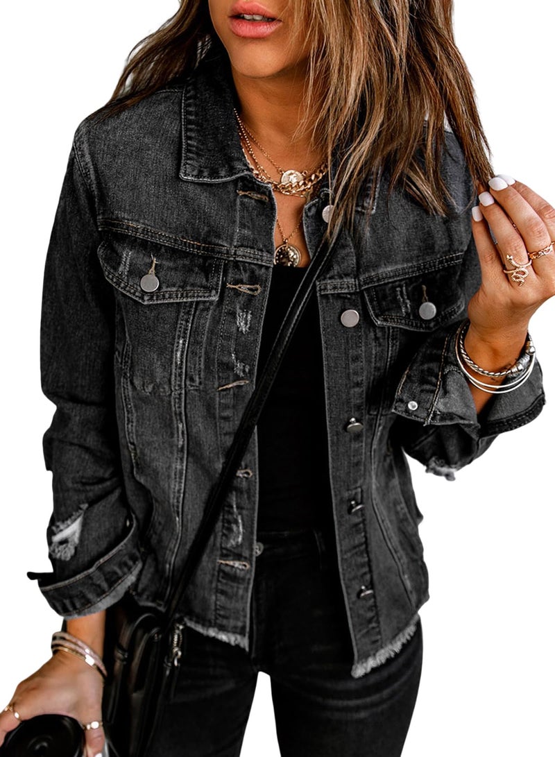 EVALESS Ladies Ripped Distressed Boyfriend Trucker Jacket Coat 2025 Trendy Fall Winter Washed Solid Color Long Sleeve Denim Jacket Black Medium - Image 1
