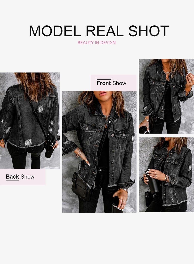 EVALESS Ladies Ripped Distressed Boyfriend Trucker Jacket Coat 2025 Trendy Fall Winter Washed Solid Color Long Sleeve Denim Jacket Black Medium - Image 3