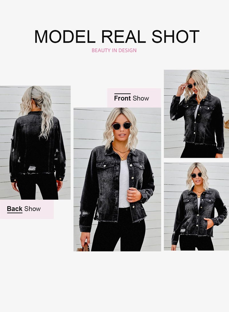 EVALESS Ladies Ripped Distressed Boyfriend Trucker Jacket Coat 2025 Trendy Fall Winter Washed Solid Color Long Sleeve Denim Jacket Black Medium - Image 4
