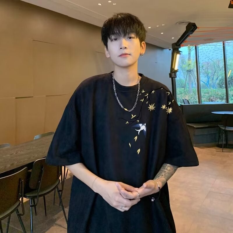 Heavy Branch Printed Short-Sleeved T-Shirt Men'S 2024 Fashionable Suede Round Neck Half-Sleeved Suede For Teenagers - Image 1