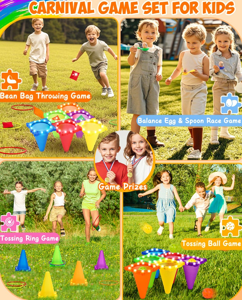 Eocolz 49PCS Carnival Games Outdoor Combo Set for Kids with LED Light, Plastic Cones Obstacle Course Bean Bags Balls Ring Toss Game Egg and Spoon Race Lawn Game, Gift for Birthday Party/Xmas/Easter - Image 4