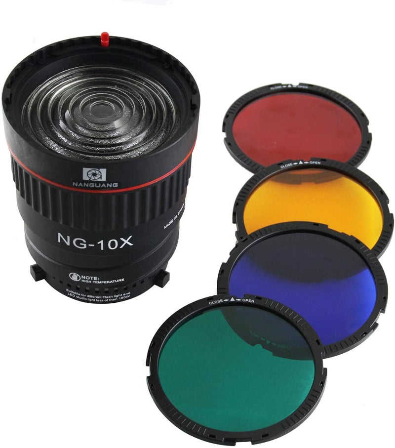 Hersmay NG-10X Bowens Mount Fresnel Lens Focusing Adapter Fresnel Spot S-Mount Adapter 10-40° 5X Brighter for Godox sl-60w Bowens Mount Studio Light Flash LED Light 4 Color Gel Filters - Image 1