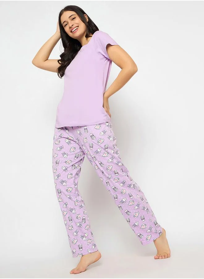 Clovia Clovia Solid Round Neck T-Shirt and Printed Pyjama Set