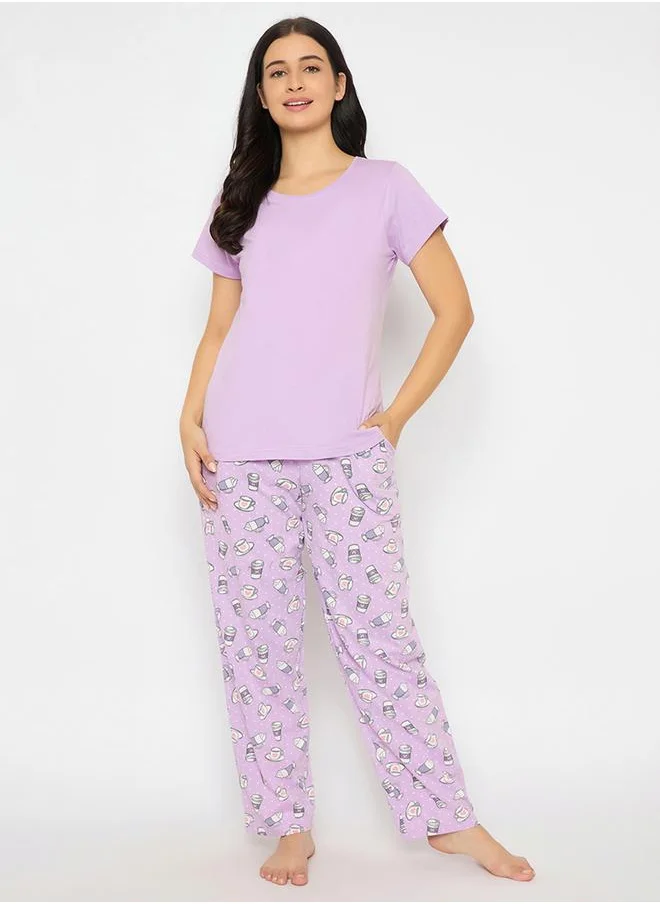 Clovia Clovia Solid Round Neck T-Shirt and Printed Pyjama Set