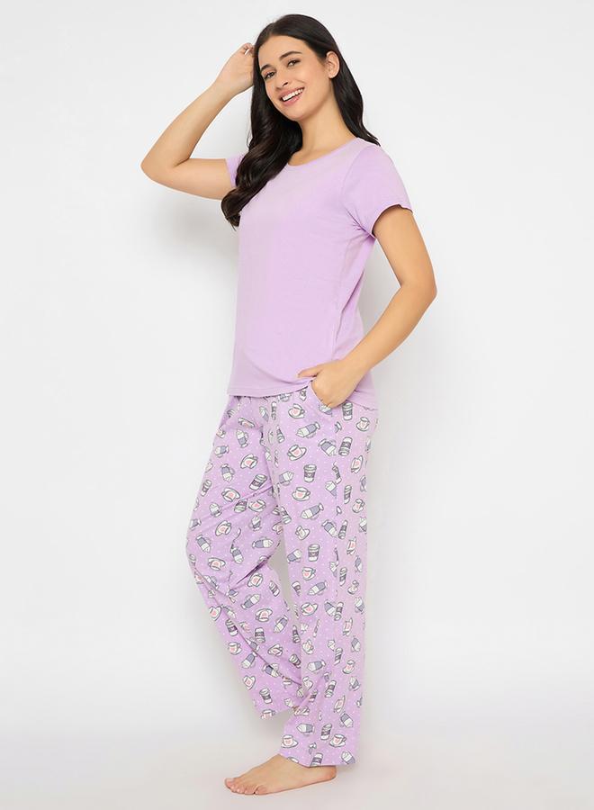 Clovia Solid Round Neck T-Shirt and Printed Pyjama Set - Image 3