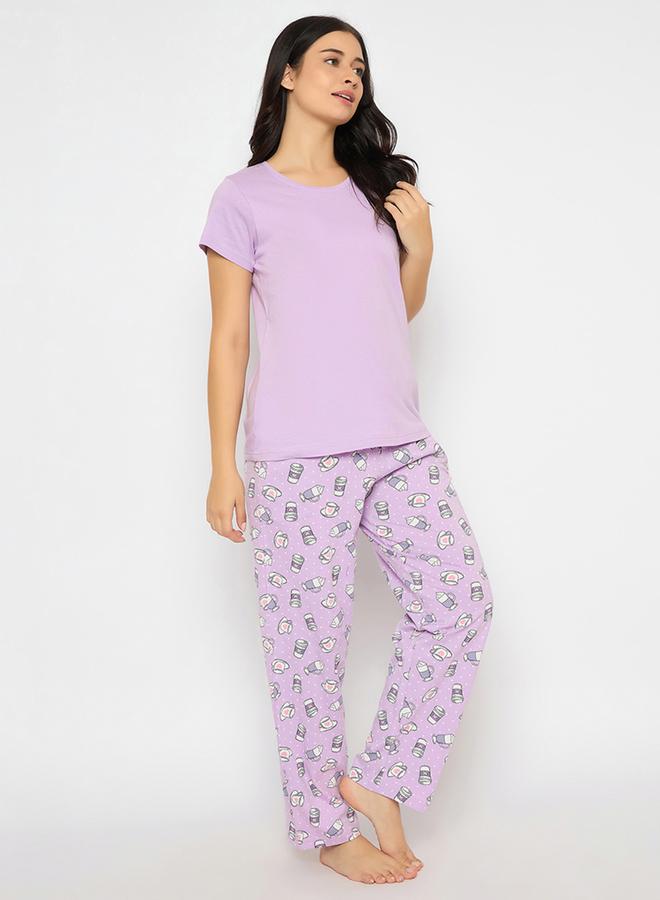 Clovia Solid Round Neck T-Shirt and Printed Pyjama Set - Image 4