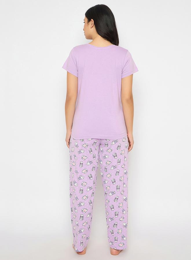 Clovia Solid Round Neck T-Shirt and Printed Pyjama Set - Image 5