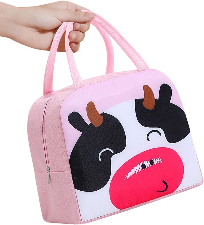 Flywind Kids Lunch Bag for Girls Boys Students | Small Foldable Waterproof Lunch Box for Travel Picnic School | Reusable Cartoon Insulated Lunchbag (Pink Cow) - Image 3
