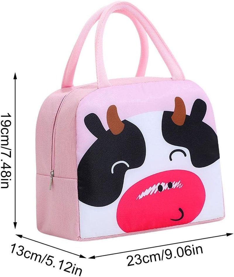 Flywind Kids Lunch Bag for Girls Boys Students | Small Foldable Waterproof Lunch Box for Travel Picnic School | Reusable Cartoon Insulated Lunchbag (Pink Cow) - Image 2