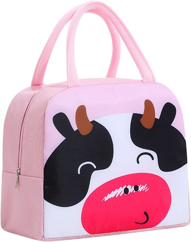 Flywind Kids Lunch Bag for Girls Boys Students | Small Foldable Waterproof Lunch Box for Travel Picnic School | Reusable Cartoon Insulated Lunchbag (Pink Cow) - Image 1