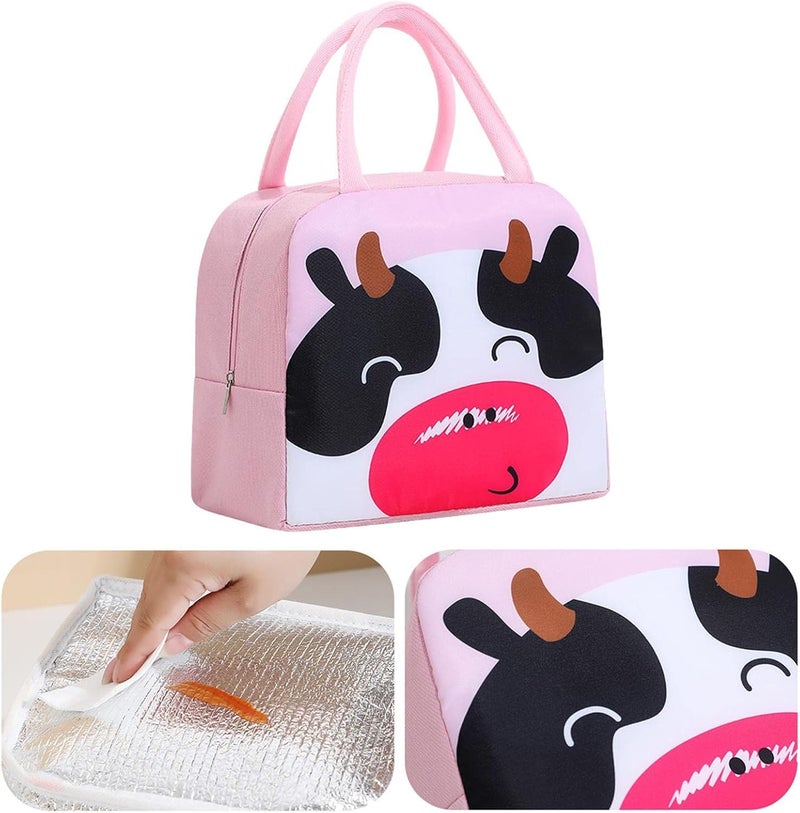 Flywind Kids Lunch Bag for Girls Boys Students | Small Foldable Waterproof Lunch Box for Travel Picnic School | Reusable Cartoon Insulated Lunchbag (Pink Cow) - Image 4
