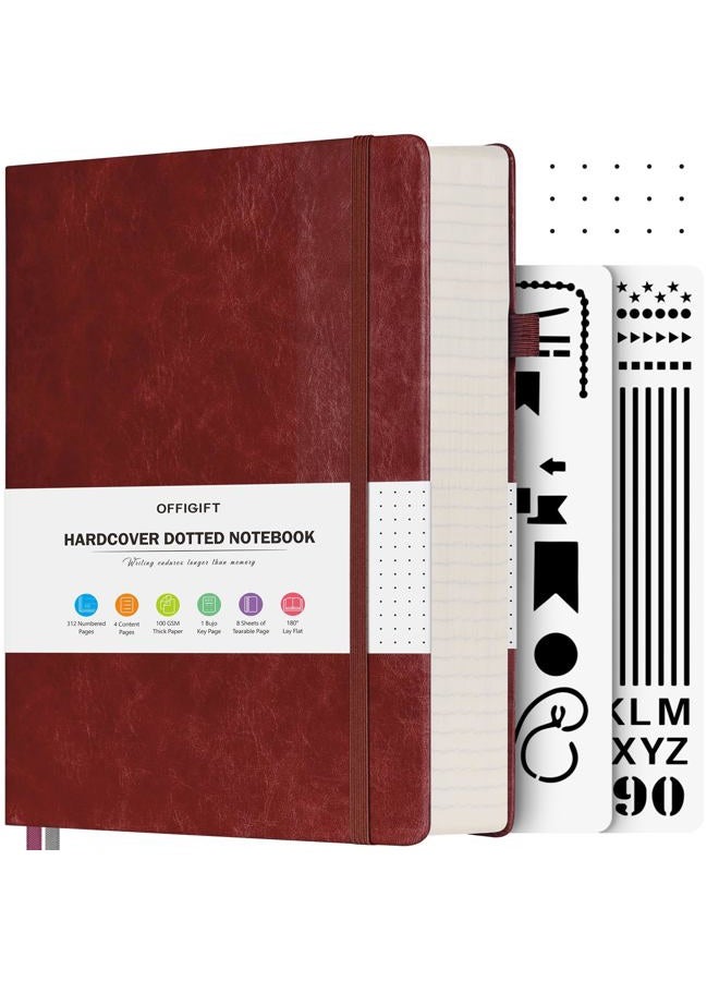 OFFIGIFT Dotted Notebook A5, 312 Numbered Pages Hardback Leather Notebook, 100gsm No Bleed Paper Dot Grid Notebook with Index Pages, Dotted Journal for Bullet Journaling, 14.5 x 21.5cm, Burgundy - Image 1
