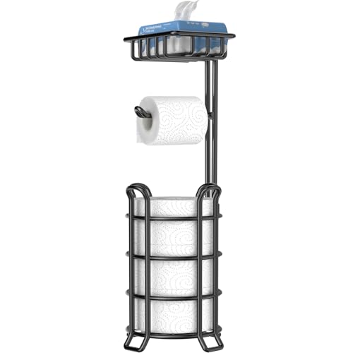 TomCare Toilet Paper Holder Stand with Shelf Free Standing Toilet Paper Roll Holder with Toilet Paper Dispenser Sturdy Metal Tissue Holder Storage Shelf for Bathroom Black - Image 1