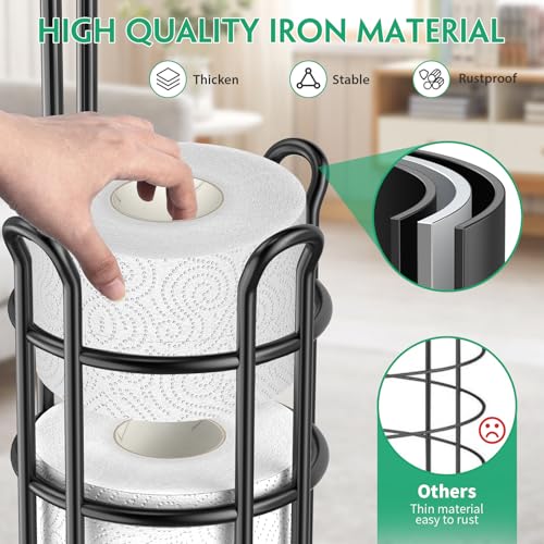 TomCare Toilet Paper Holder Stand with Shelf Free Standing Toilet Paper Roll Holder with Toilet Paper Dispenser Sturdy Metal Tissue Holder Storage Shelf for Bathroom Black - Image 3