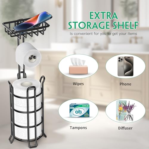 TomCare Toilet Paper Holder Stand with Shelf Free Standing Toilet Paper Roll Holder with Toilet Paper Dispenser Sturdy Metal Tissue Holder Storage Shelf for Bathroom Black - Image 5