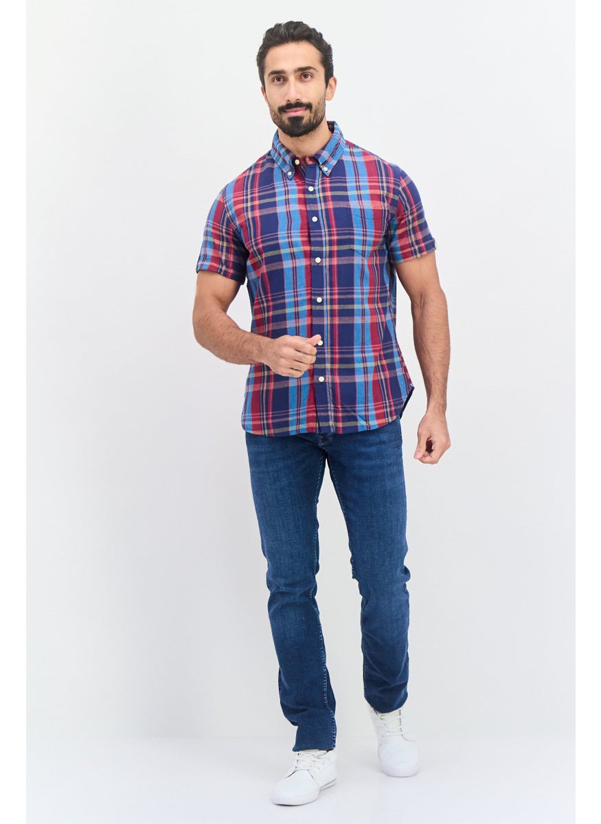 Jachs New York Men Regular Fit Checkered Short Sleeves Casual Shirt, Navy Blue  - Image 4