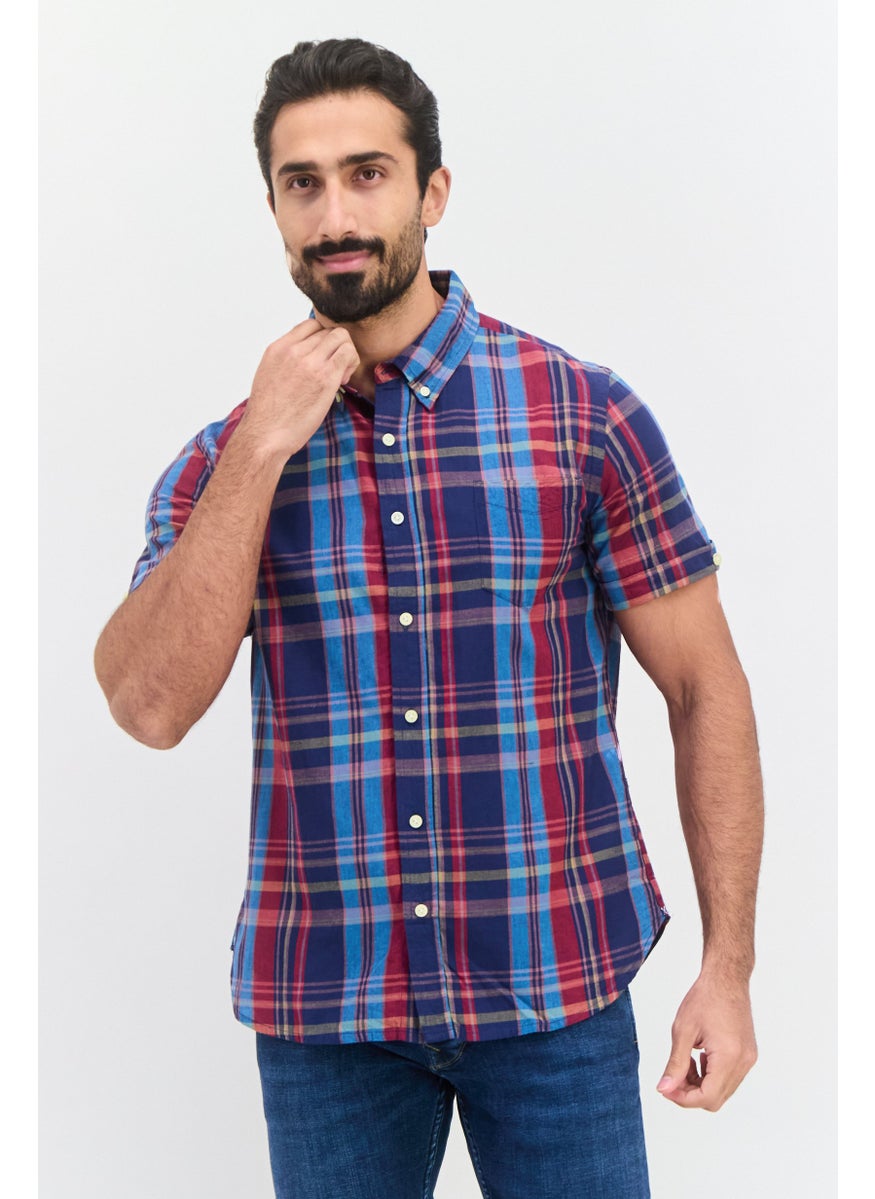 Jachs New York Men Regular Fit Checkered Short Sleeves Casual Shirt, Navy Blue  - Image 1