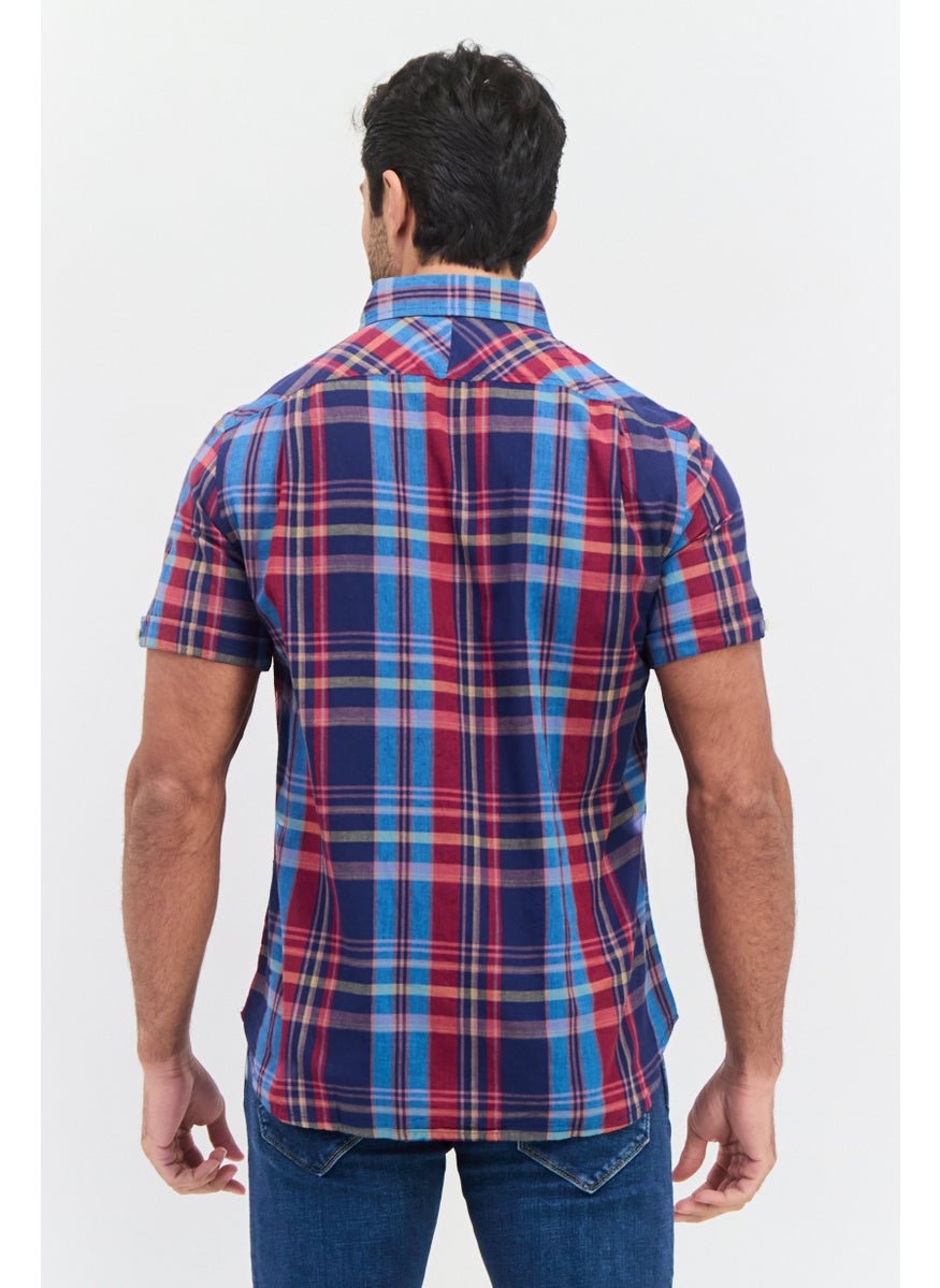 Jachs New York Men Regular Fit Checkered Short Sleeves Casual Shirt, Navy Blue  - Image 3