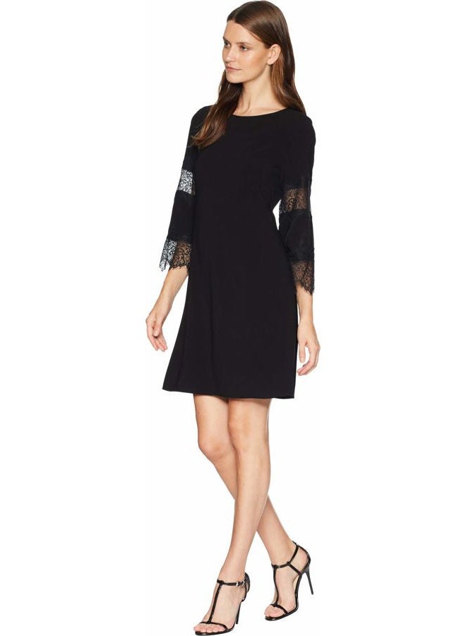 Gabby Skye Women's 3/4 Bell Sleeve Round Neck Crepe A-line Dress, Black, 4 - Image 2