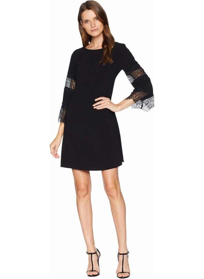 Gabby Skye Women's 3/4 Bell Sleeve Round Neck Crepe A-line Dress, Black, 4 - Image 1