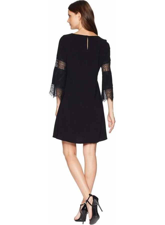 Gabby Skye Women's 3/4 Bell Sleeve Round Neck Crepe A-line Dress, Black, 4 - Image 3