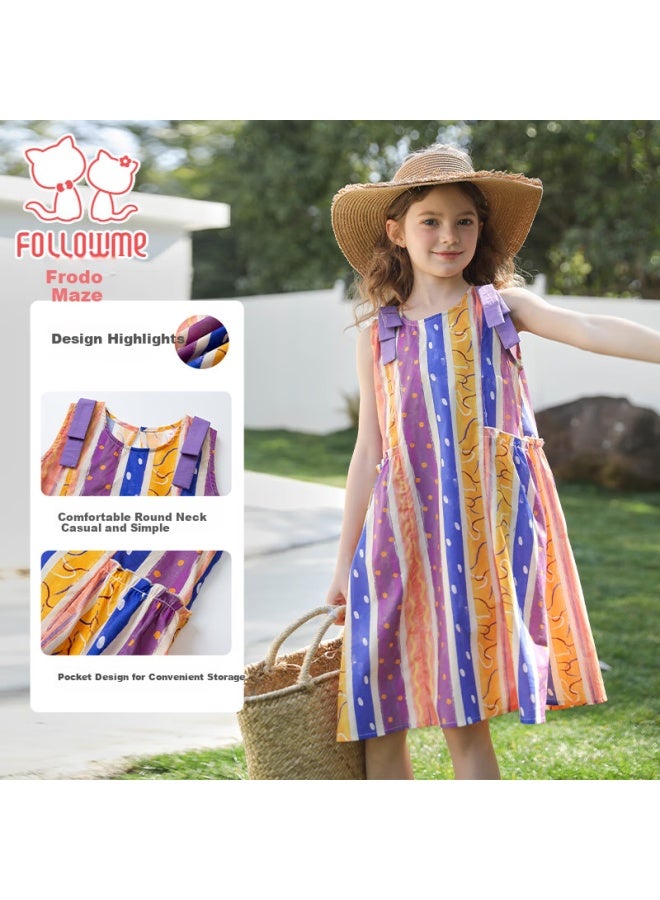 Follow Me Girls' Summer Dress, New Colorful Striped Pure Cotton Dress, Sleeveless Spaghetti Strap Dress For Girls, Colorful, Size 150
