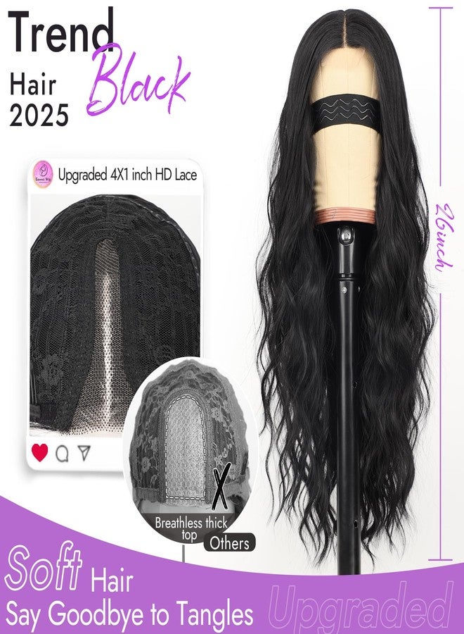 Eawwii Black Wig for Women Long Wavy 4x1 Lace Natural Hairline Glueless for Beginners Middle Part Synthetic for Daily Party Use 26Inch - Image 2