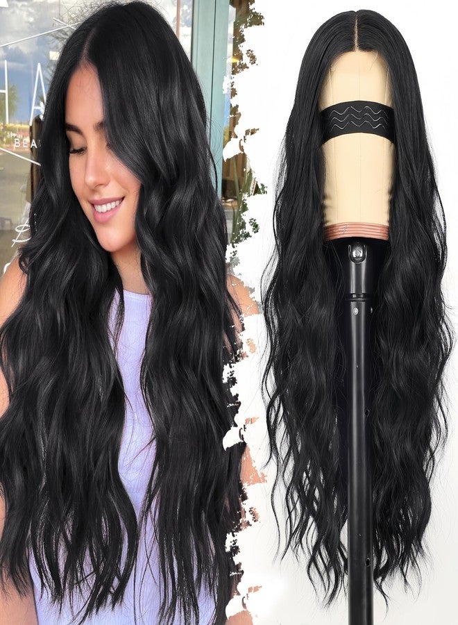 Eawwii Black Wig for Women Long Wavy 4x1 Lace Natural Hairline Glueless for Beginners Middle Part Synthetic for Daily Party Use 26Inch - Image 1