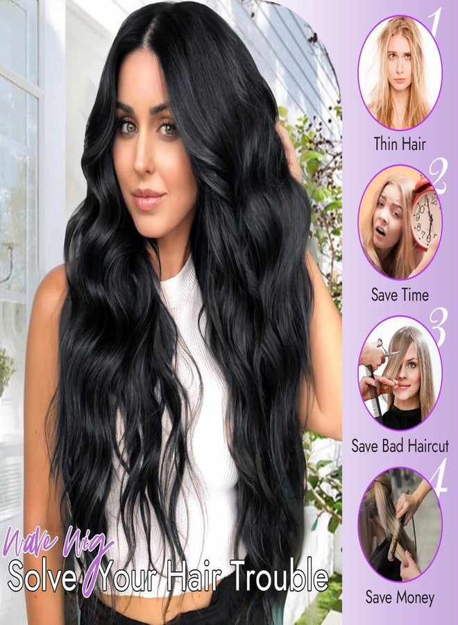 Eawwii Black Wig for Women Long Wavy 4x1 Lace Natural Hairline Glueless for Beginners Middle Part Synthetic for Daily Party Use 26Inch - Image 4
