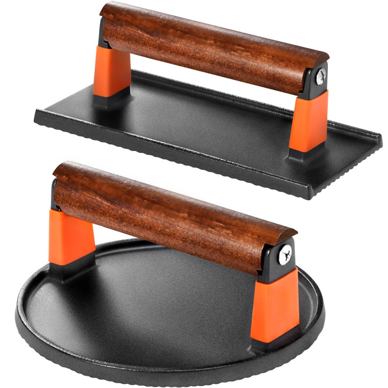 GGC Cast Iron Burger Press Kit, 7" Round and 8"x4" Rectangle Smash Burger Press Set for Grill and Griddle Cooking, 2PCS Meat Press with Wooden Handle for Bacon, Hamburgers, Eggs, Sandwiches - Image 1