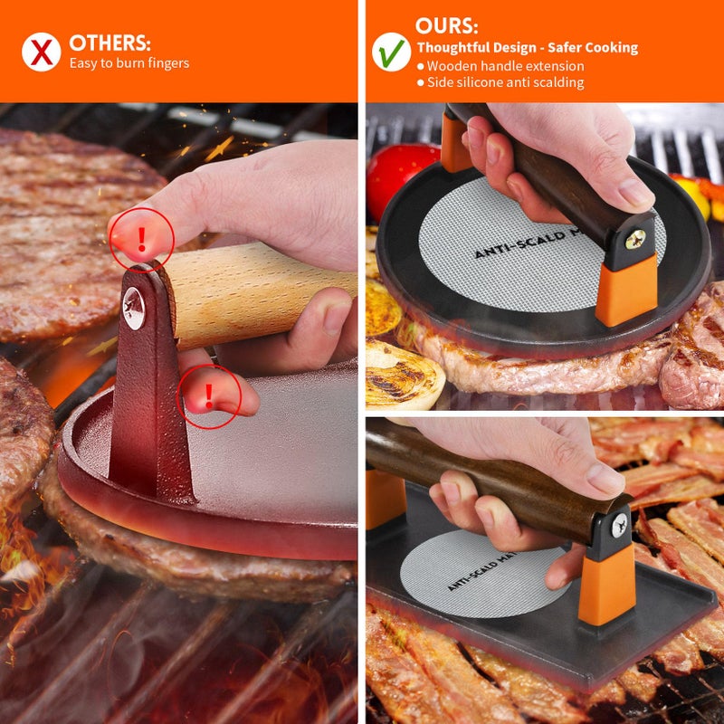 GGC Cast Iron Burger Press Kit, 7" Round and 8"x4" Rectangle Smash Burger Press Set for Grill and Griddle Cooking, 2PCS Meat Press with Wooden Handle for Bacon, Hamburgers, Eggs, Sandwiches - Image 4