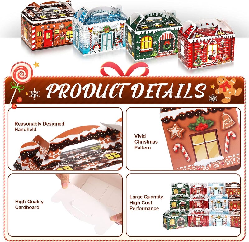 Clabby 24 Pcs Christmas Treat Boxes with Handles 3D Christmas Cookie Gift Boxes Cardboard Goodie Candy Bags Xmas Santa Elf Snowman Elk Gingerbread Holiday Party Favor Supplies, 4 Design(Vivid Style) - Image 2