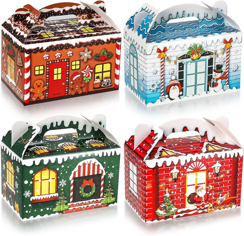 Clabby 24 Pcs Christmas Treat Boxes with Handles 3D Christmas Cookie Gift Boxes Cardboard Goodie Candy Bags Xmas Santa Elf Snowman Elk Gingerbread Holiday Party Favor Supplies, 4 Design(Vivid Style) - Image 1