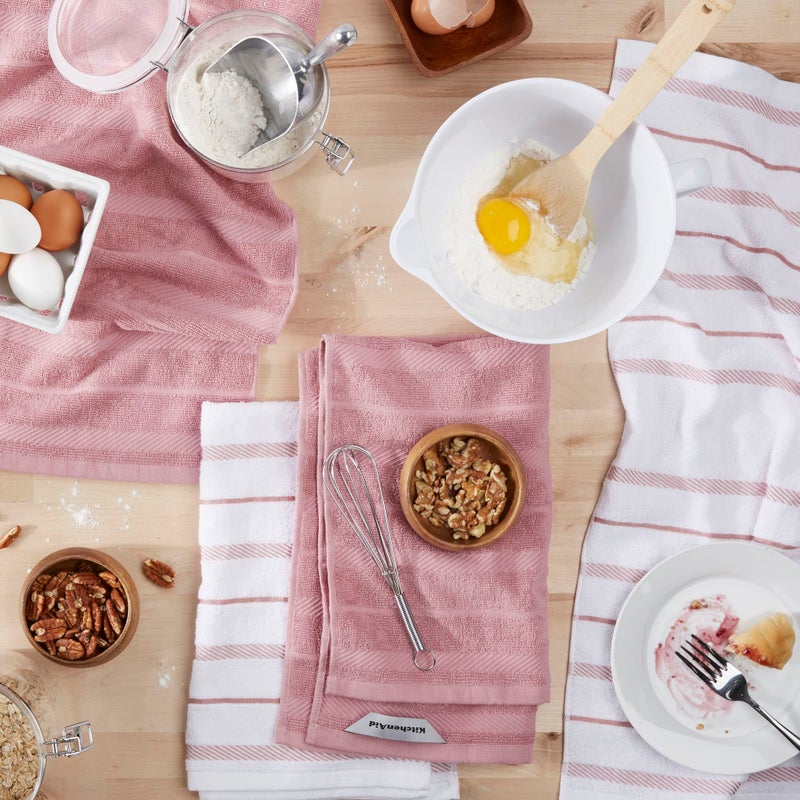 KitchenAid Albany Kitchen Towel 4-Pack Set, Dried Rose/White, 16"x26" - Image 2