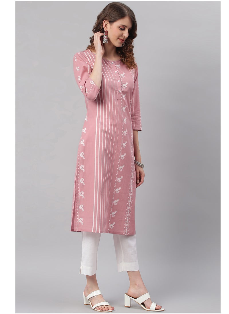 IndHeritage - Indian Kurti - Eid kurti collection - Premium pink colour cotton kurti with white colour Indian prints - Image 1