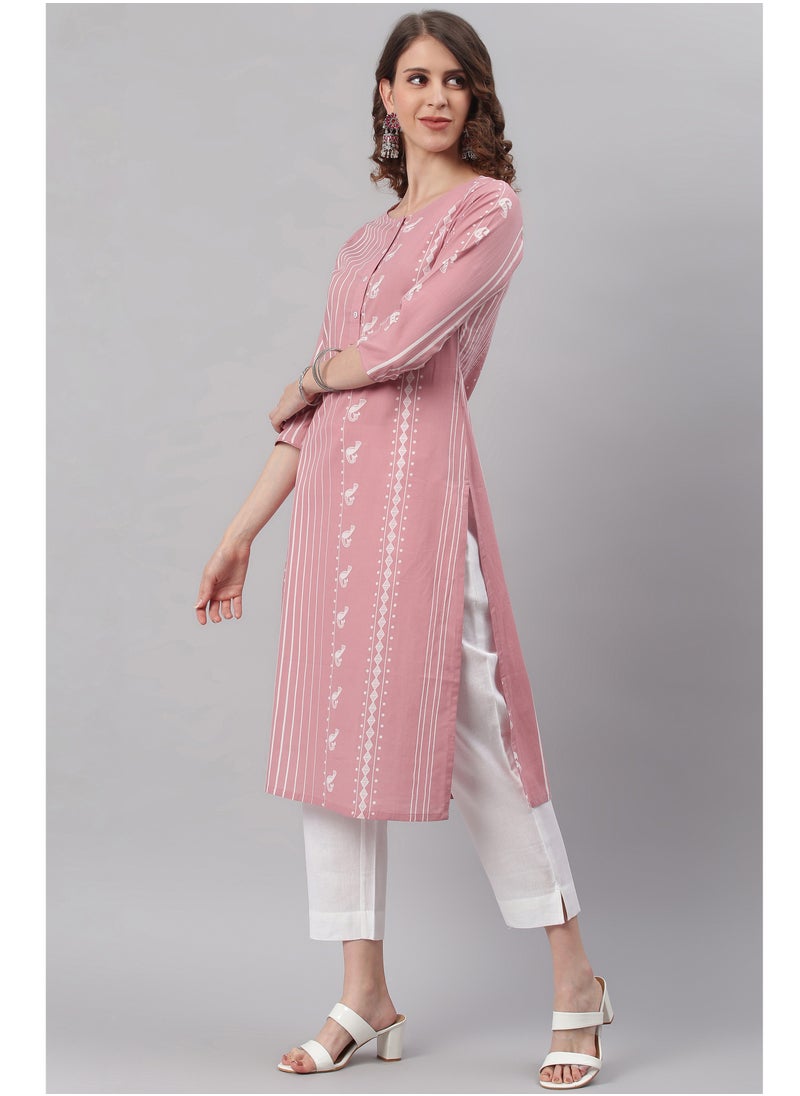 IndHeritage - Indian Kurti - Eid kurti collection - Premium pink colour cotton kurti with white colour Indian prints - Image 1