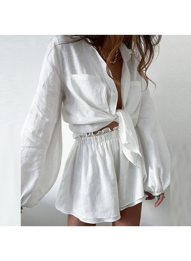 general 2025 - 2026 Women's Solid Color Ruffled Shorts and Blouse Set - Two-Piece Set - Image 1