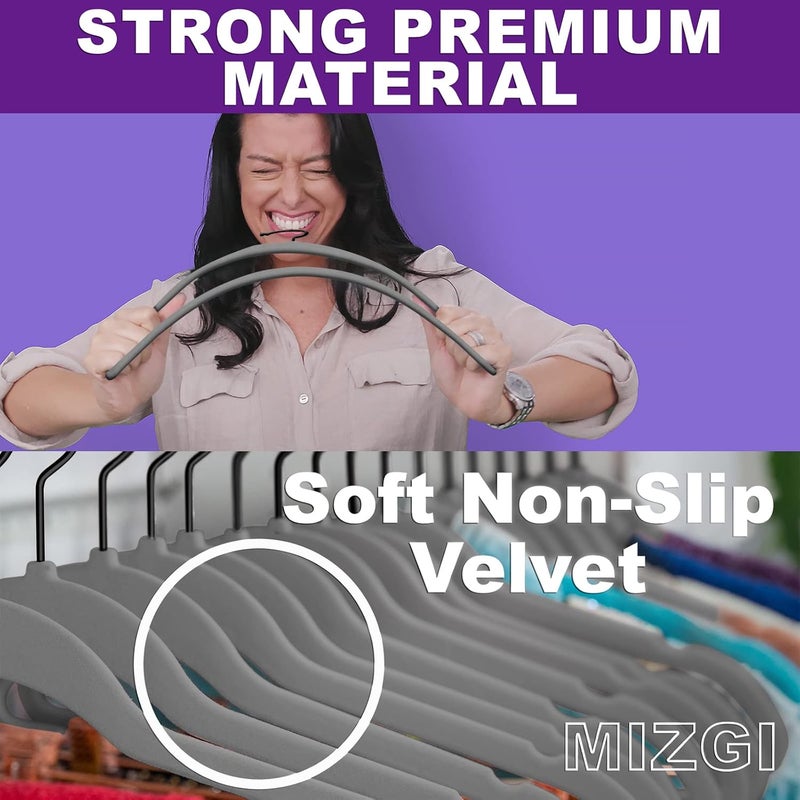 MIZGI Premium Velvet Hangers (50 Pack) Heavy Duty - Non Slip Felt Hangers - Velvet Suit Hangers Gray - Black Coated Hooks,Space Saving Clothes Hangers - Image 2