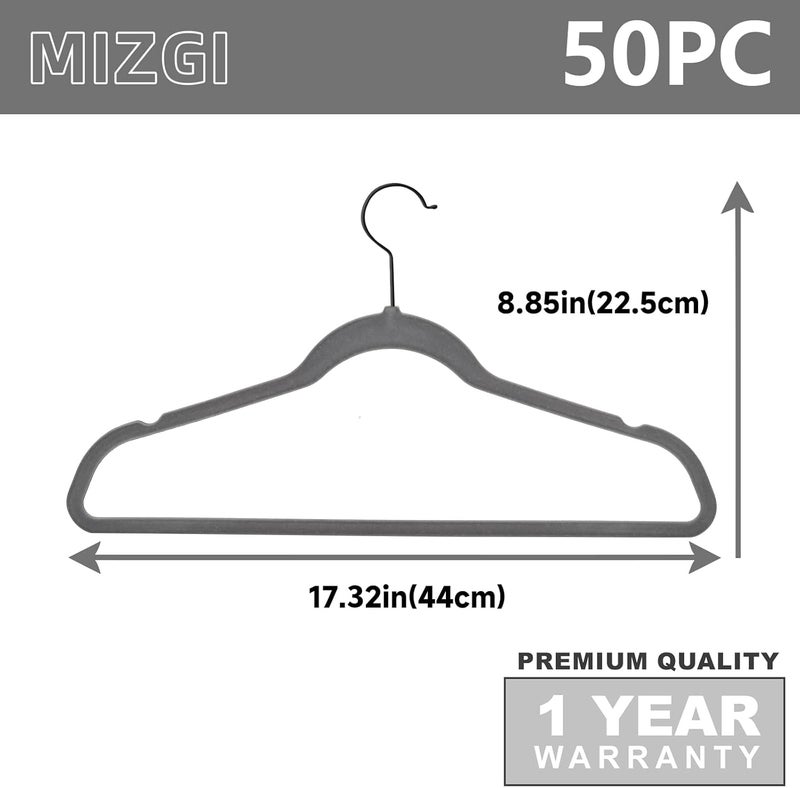 MIZGI Premium Velvet Hangers (50 Pack) Heavy Duty - Non Slip Felt Hangers - Velvet Suit Hangers Gray - Black Coated Hooks,Space Saving Clothes Hangers - Image 5