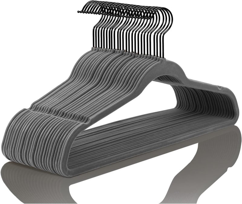 MIZGI Premium Velvet Hangers (50 Pack) Heavy Duty - Non Slip Felt Hangers - Velvet Suit Hangers Gray - Black Coated Hooks,Space Saving Clothes Hangers - Image 1
