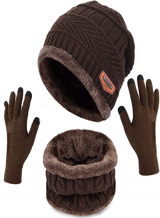 V4U Winter Woolen Cap with Neck Scarf and Gloves for Boy's & Girl's/Winter Caps for Men/Woolen Cap(3 Piece)-(Brown) - Image 1