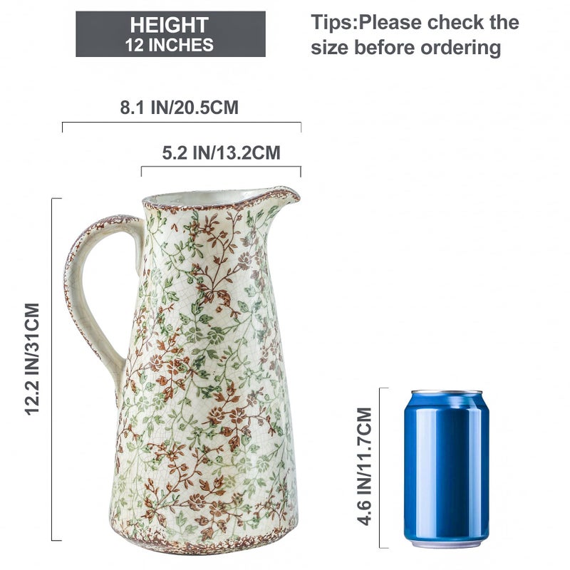 Enra Pitcher vase with Handle,12.2 in Ceramic Vintage Chinoiserie Floral Vase,Green and Beige Decorative Flower vase,Large Rustic Vases for Home Decors, Living Room, Bookshelf, Office - Image 2
