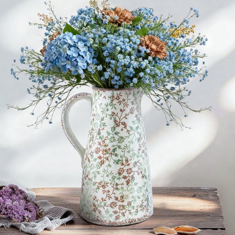 Enra Pitcher vase with Handle,12.2 in Ceramic Vintage Chinoiserie Floral Vase,Green and Beige Decorative Flower vase,Large Rustic Vases for Home Decors, Living Room, Bookshelf, Office - Image 1