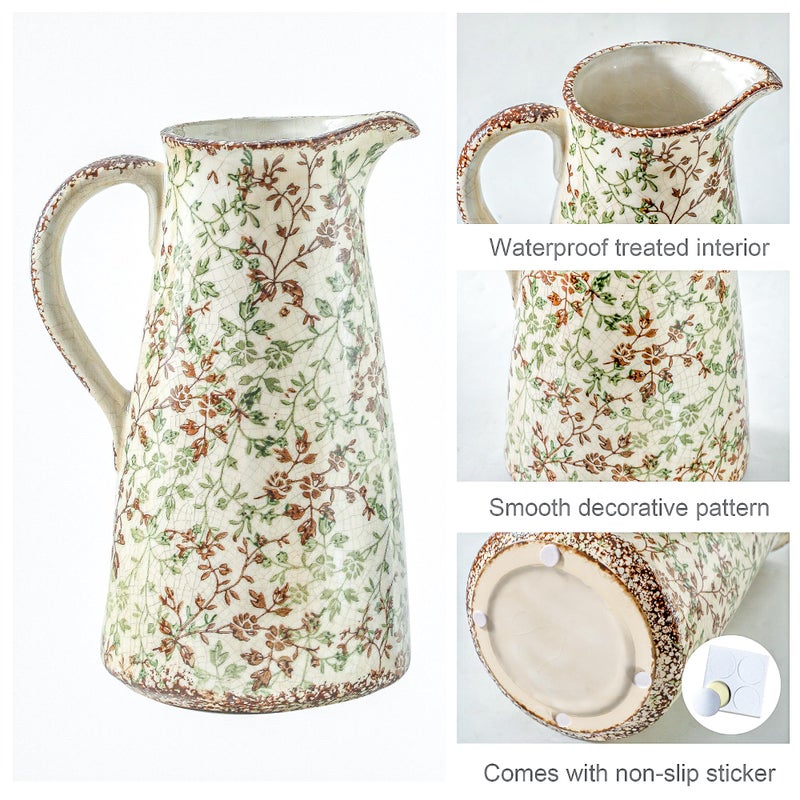 Enra Pitcher vase with Handle,12.2 in Ceramic Vintage Chinoiserie Floral Vase,Green and Beige Decorative Flower vase,Large Rustic Vases for Home Decors, Living Room, Bookshelf, Office - Image 3