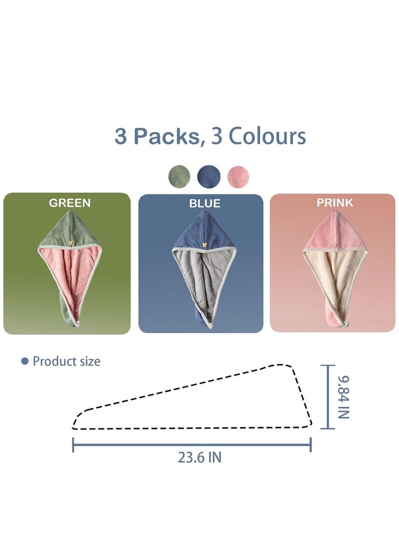 KASTWAVE Microfiber Hair Towel Wrap, 3 Pcs Turban with Button, Head Towel for Curly Wet Drying Hair for Women, Quick Dry Bath and Shower Towel, Pink, Green, Blue - Image 2