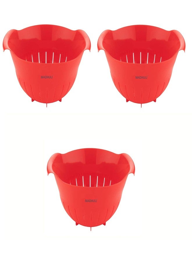 Madhuli Premium Plastic 11 Inch Multi Color Rice Bowl Rice Pulses Fruits Vegetable Noodles Pasta Washing Bowl & Strainer Perfect for Storing,Straining,Colanderb Pack of 3 Red - Image 1