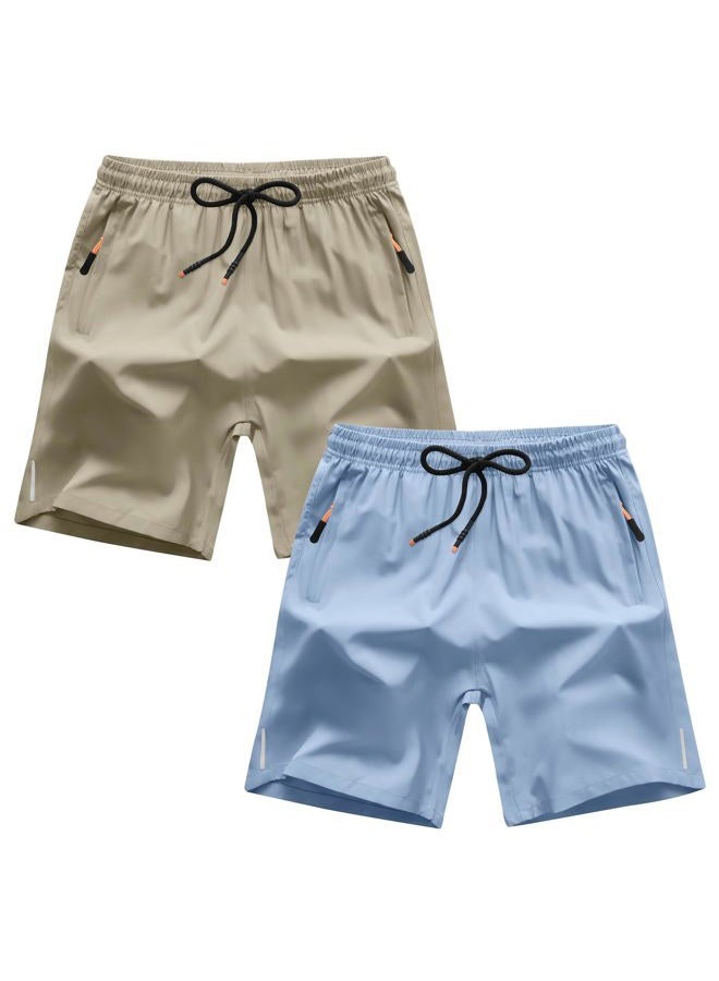 ANHDM Boys Shorts Quick Dry Athletic Running Shorts with Zipper Pockets, B/Khaki&grey Blue, 13-14 Years - Image 1