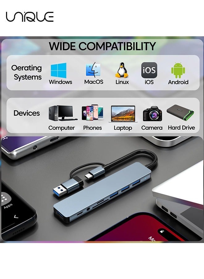 يونيك محول USB من النوع C 8 في 1 - 1 × USB 3.0 و 3 × USB 2.0 و 1 × USB C و SD / TF قارئ بطاقات ، ومنافذ Aux مقاس 3.5 مم لأجهزة MacBook Pro Air والمزيد من أجهزة الكمبيوتر / الكمبيوتر المحمول / الكمبيوتر اللوحي - Image 3