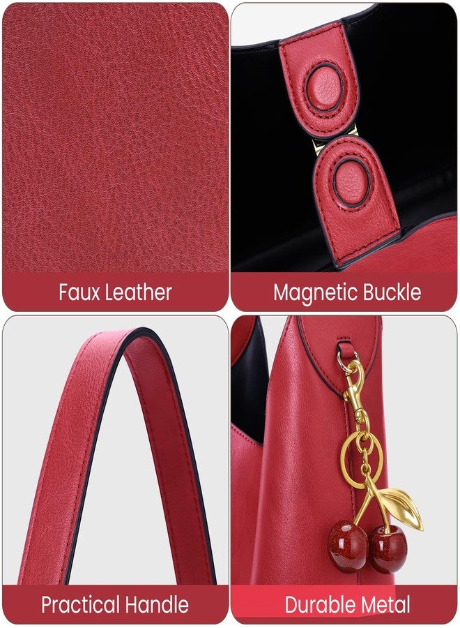 HICARRY - faux suede bags for women vegan leather for women medium baggy designer, Red Faux Leather, M - Image 4